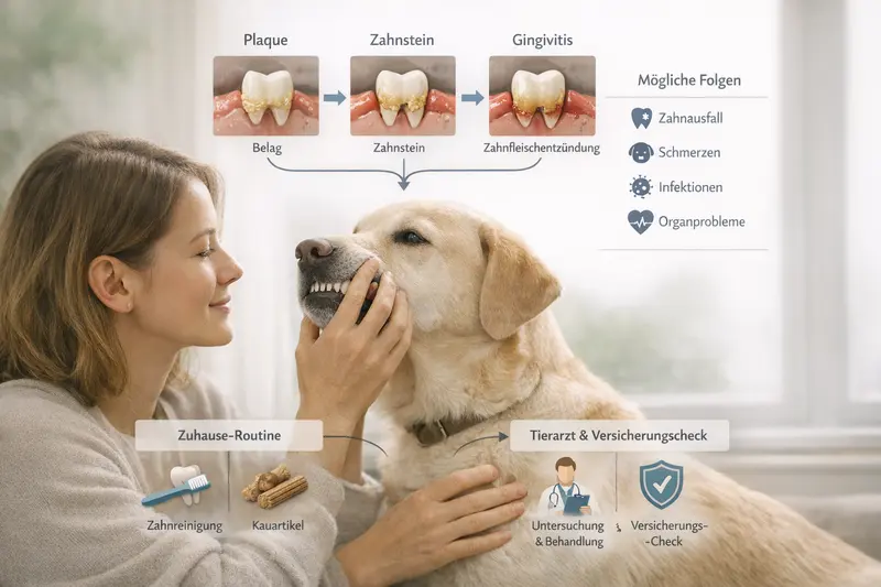 Infografik über die Entstehung von Zahnstein bei Hunden und seine Folgen.