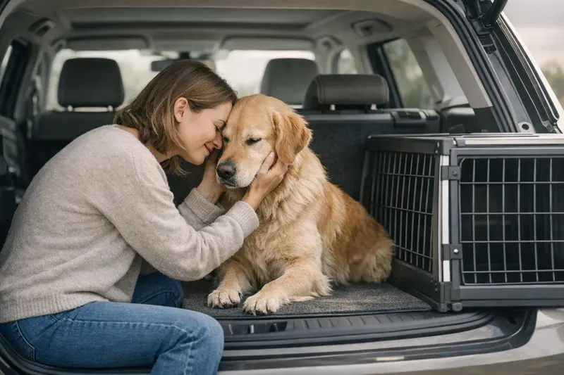 Infografik zeigt sichere Platzoptionen für Hunde im Auto, einschließlich Rückbank und Kofferraum mit verschiedenen Sicherungsarten.