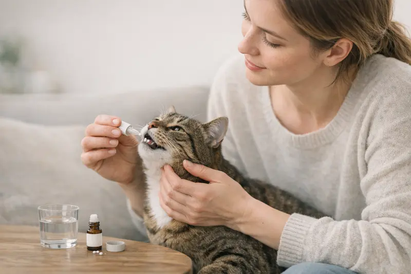 Infografik zur Verabreichung von D-Potenzen bei Katzen mit Do's und Don'ts.