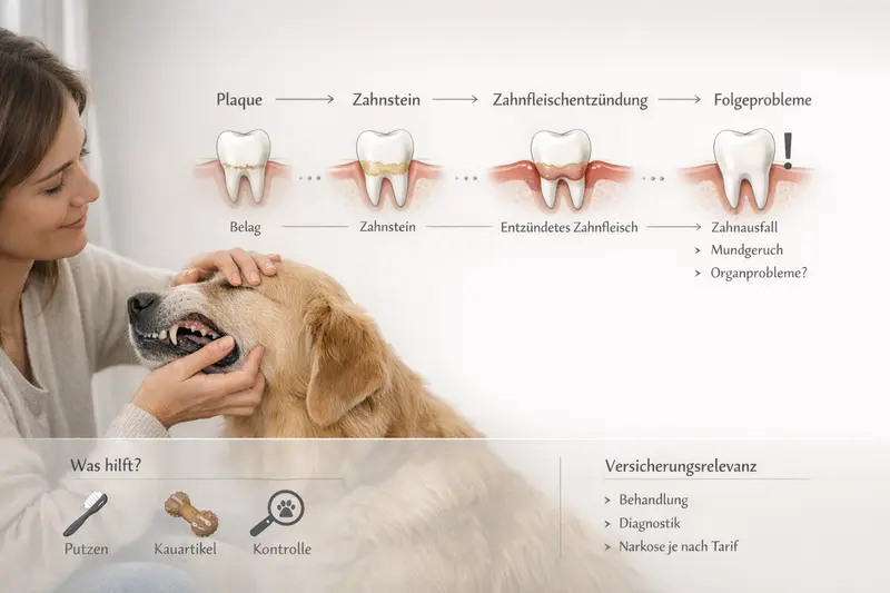 Infografik zur Progression von Plaque zu Zahnstein und Zahnfleischentzündungen bei Hunden mit Tipps zur Zahnpflege.