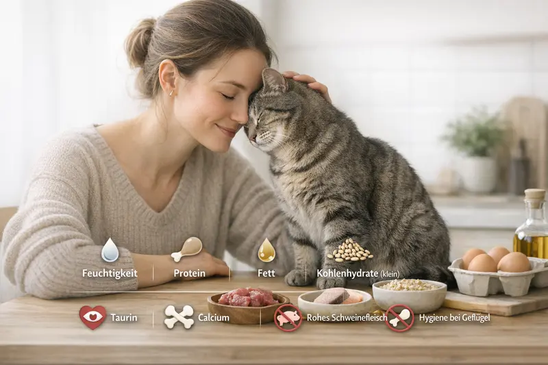 Eine detaillierte Infografik zu den Rationsbausteinen für die Ernährung von Katzen, inklusive wichtiger Warnhinweise.