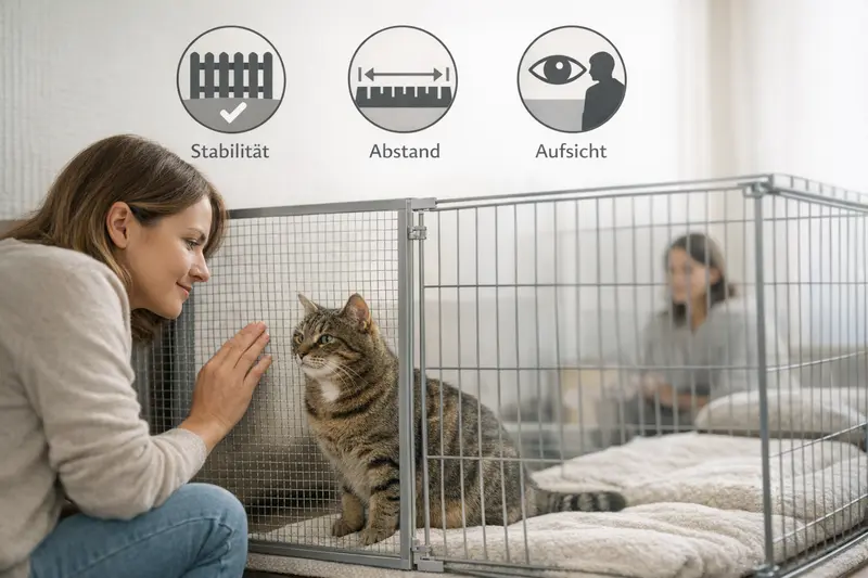 Infografik zeigt wichtige Sicherheitsaspekte für Katzenkäfige, einschließlich Standfestigkeit und Abstand.
