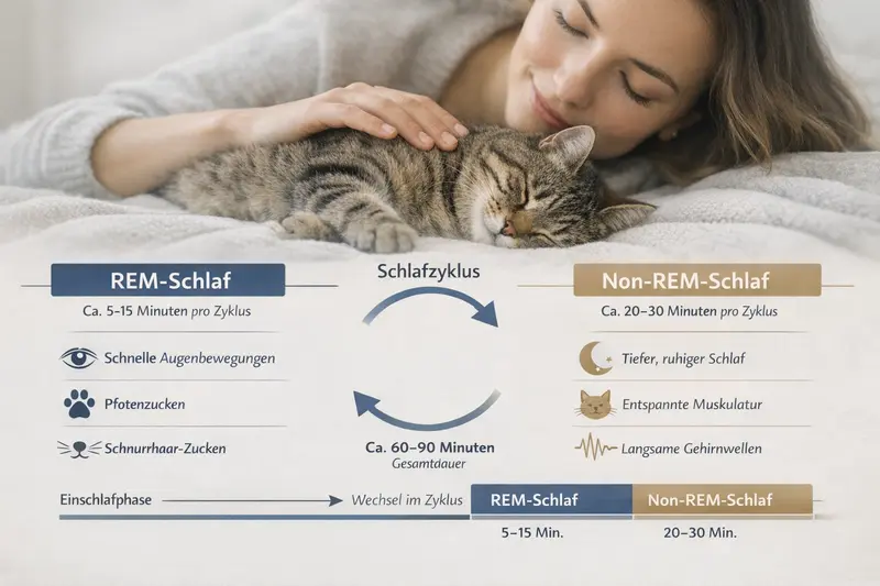 Infografik über REM- und Non-REM-Schlafphasen bei Katzen mit typischen Anzeichen.