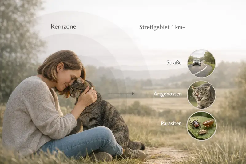 Infografik zeigt das Revier einer Katze mit Kernzone und Streifgebiet sowie Risikopunkte wie Straßen und Parasiten.