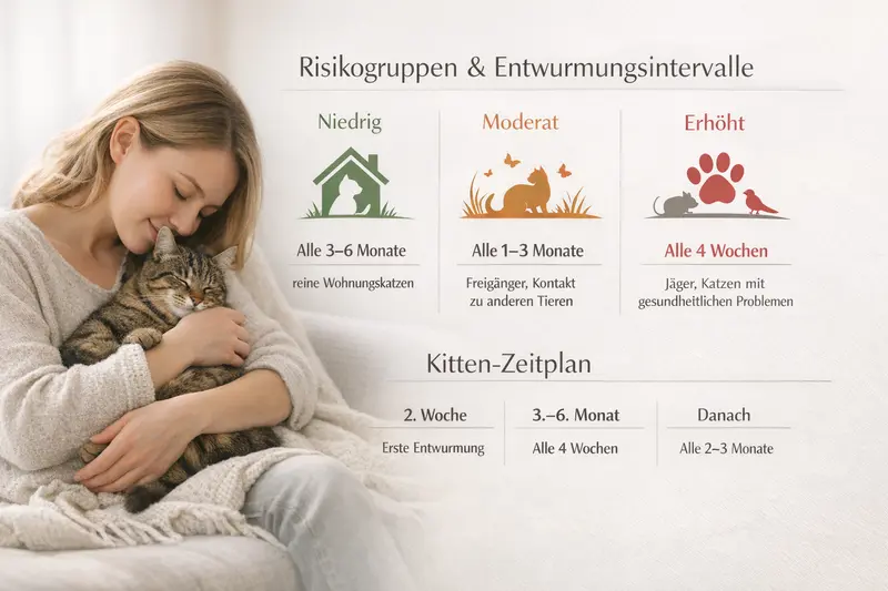 Infografik zeigt Risikogruppen für die Entwurmung von Katzen mit empfohlenen Intervallen und Kitten-Zeitplan.