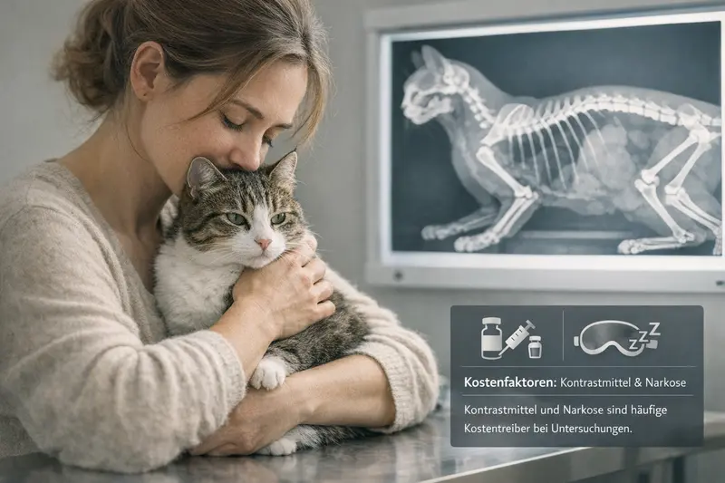 Röntgenbild einer Katze zeigt Knochen, Weichgewebe und Hinweis zur Kostentransparenz bei Kontrastmitteln und Narkose.