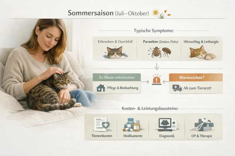 Infografik mit Symptomen und Entscheidungsweg für die Gesundheit von Katzen zwischen Juli und Oktober.