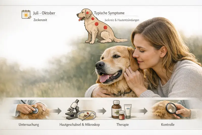 Infografik zur Gesundheit von Hunden mit typischen Symptomen von Hauterkrankungen in der Zeit von Juli bis Oktober.