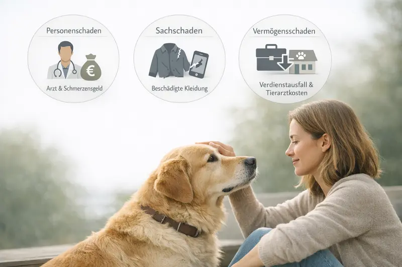 Infografik zu Schadenarten bei Hunden, einschließlich Arztkosten und Schmerzensgeld
