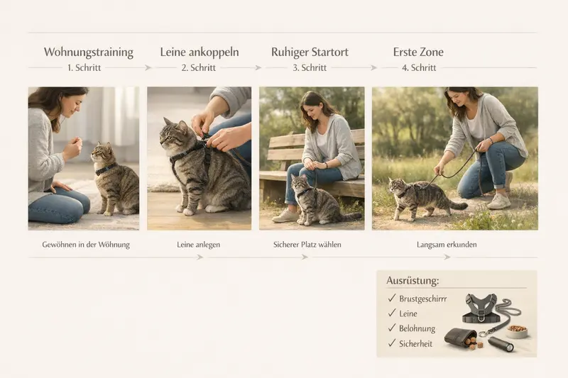 Infografik zur Schrittfolge des Wohnungstrainings für Katzen inklusive Mini-Checkliste zur Ausrüstung.