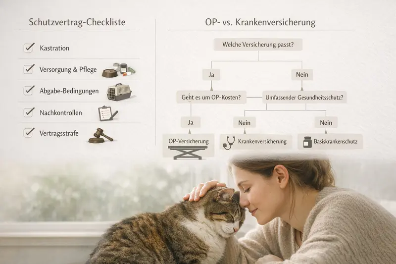 Infografik zur Schutzvertrag-Checkliste für Haustiere mit Entscheidungsbaum für OP- und Krankenversicherung.