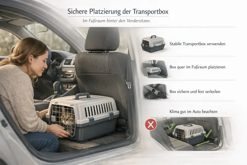 Eine Infografik zeigt die sichere Platzierung einer Katzen-Transportbox im Fußraum hinter den Vordersitzen.