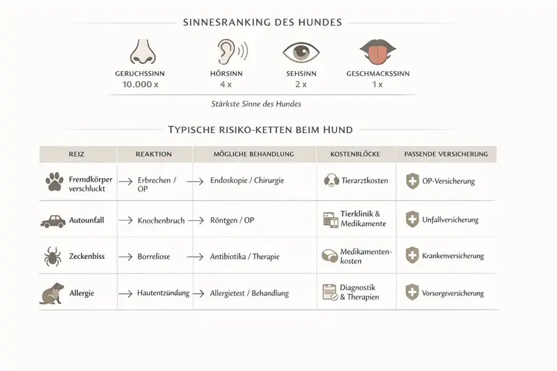 Infografik über das Sinnesranking bei Hunden und typische Risiko-Ketten in der Tiergesundheit.