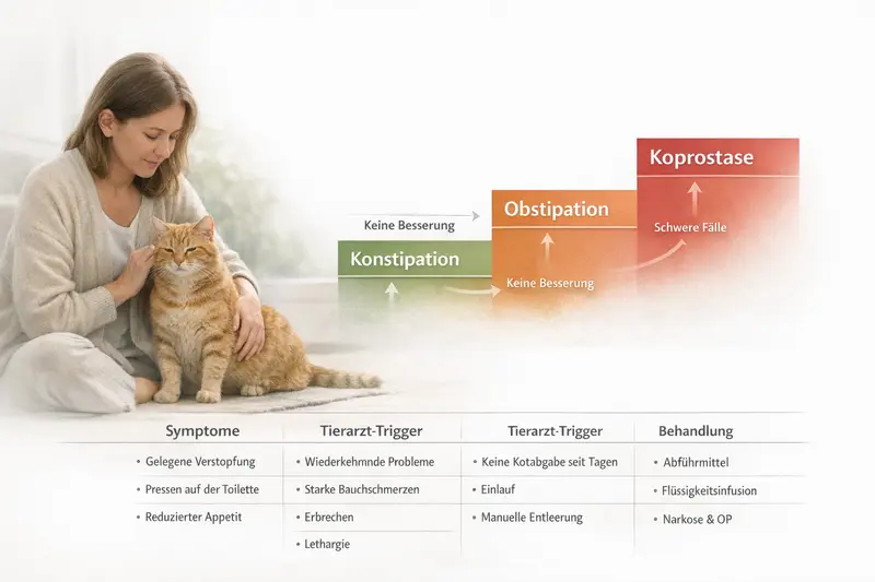 Infografik zu den Stufen der Verstopfung bei Katzen mit Symptomen und Behandlungsmöglichkeiten.