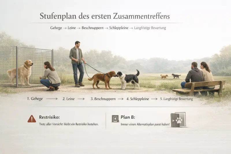 Schema des ersten Zusammentreffens zwischen Hunden mit verschiedenen Stufen.