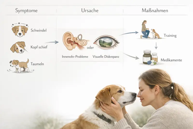 Infografik zu Symptomen, Ursachen und Maßnahmen bei Innenohrproblemen bei Hunden.