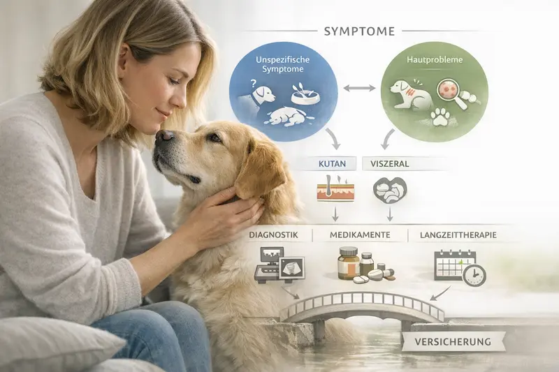 Infografik zu Symptomen und Kostenstruktur bei Haut- und viszeralen Erkrankungen von Hunden.