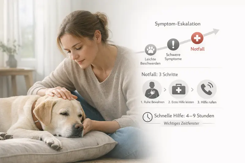 Grafik zur Symptom-Eskalation und Notfall-3-Schritte-Plan für Hunde