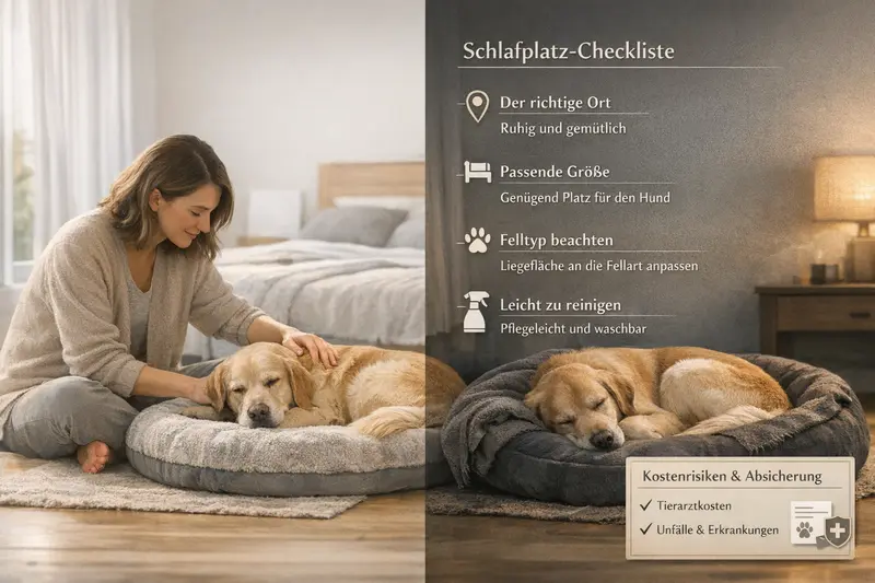 Eine Infografik zeigt den idealen Tag- und Nacht-Schlafplatz für Hunde, inklusive Checkliste für Ort, Größe, Felltyp und Reinigung.