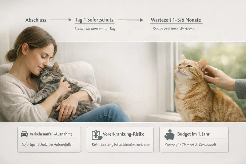 Infografik zeigt den Unterschied zwischen Sofortschutz und Wartezeiten bei Katzenversicherungen.
