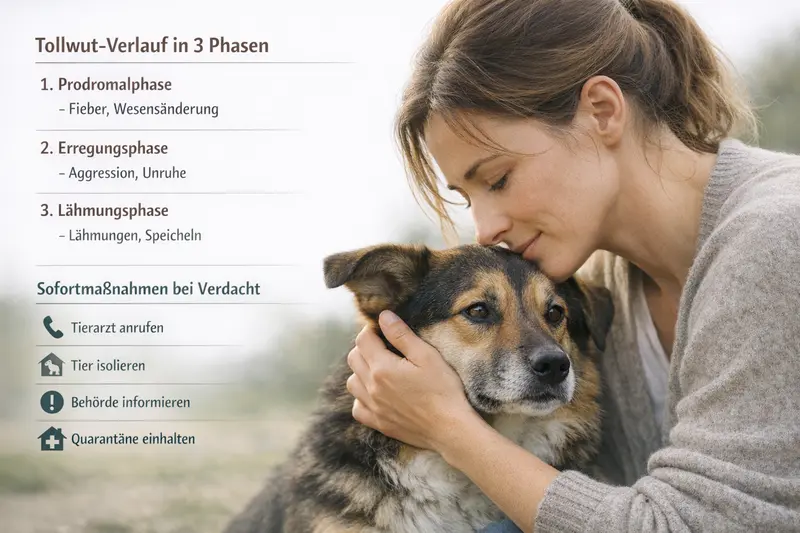 Infografik zeigt den Verlauf der Tollwut in drei Phasen und Sofortmaßnahmen für Hundehalter.