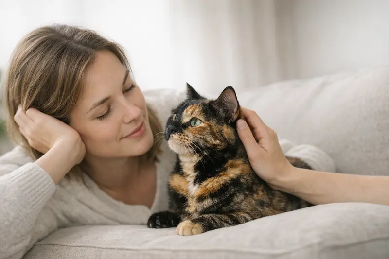 Infografik vergleicht Tortie, Torbie und Tricolor Katzen mit einem Mini-Genetik-Visual zur X-Inaktivierung.