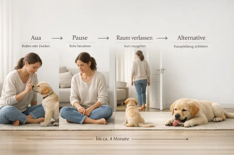 Infografik zum Trainingsablauf bei Hunden mit den Schritten Aua, Pause, Raum verlassen und Alternative bis ca. 4 Monate.