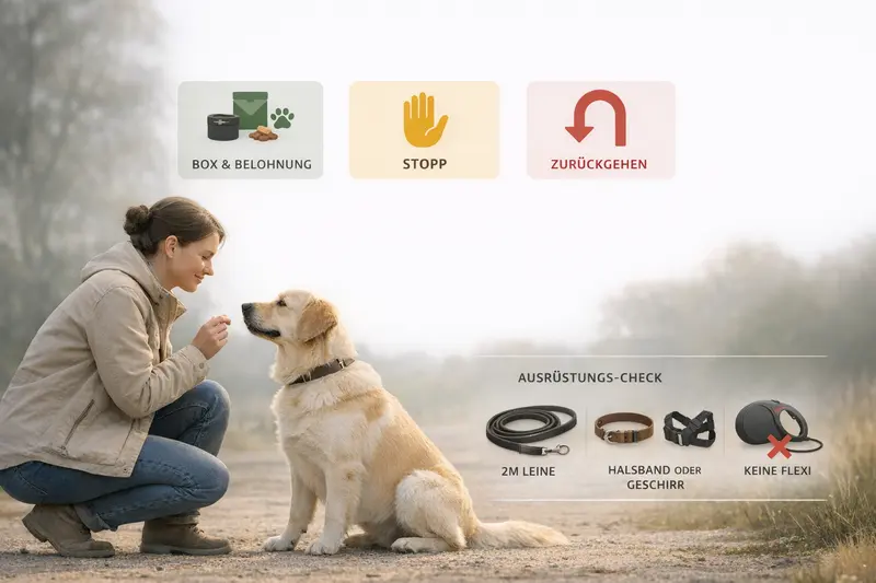 Hundeerziehungsinfografik zeigt Trainingslogik und Ausrüstungs-Check für Hundebesitzer.