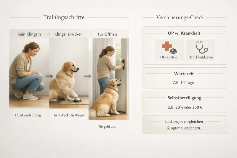 Infografik mit Trainingsschritten für Hunde und Versicherungs-Check.