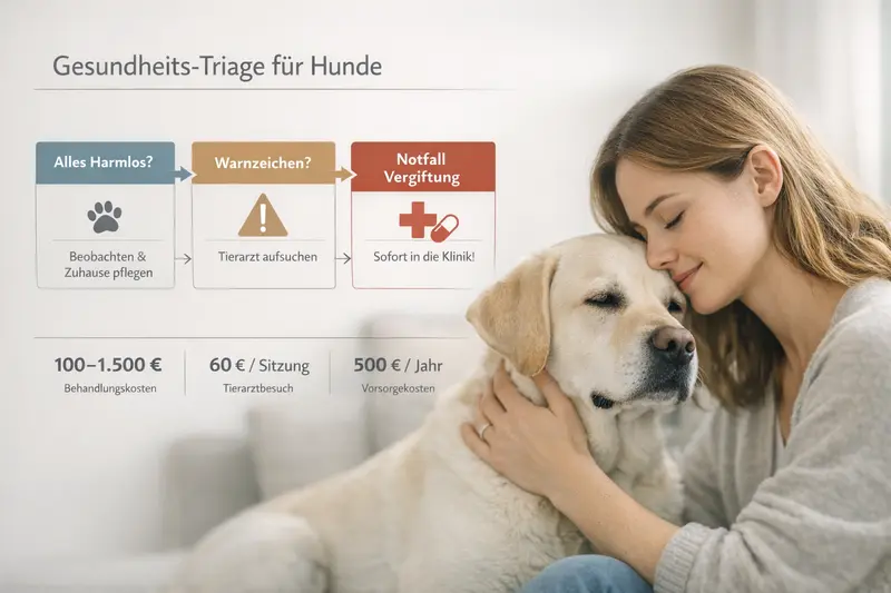 Infografik zeigt einen Triage-Flow für Hundebesitzer zur Unterscheidung zwischen harmlosen Symptomen, Warnzeichen und Notfällen bei Vergiftungen.