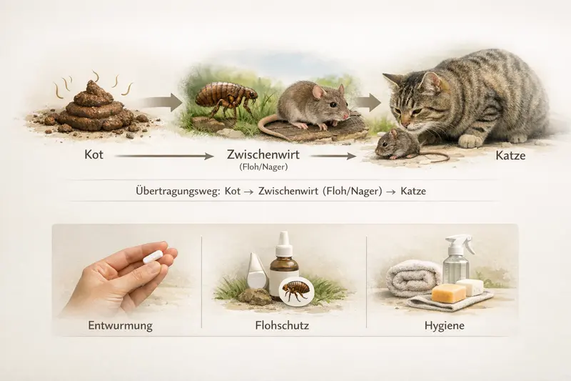 Infografik über Übertragungswege von Parasiten bei Katzen sowie Präventionsmaßnahmen.