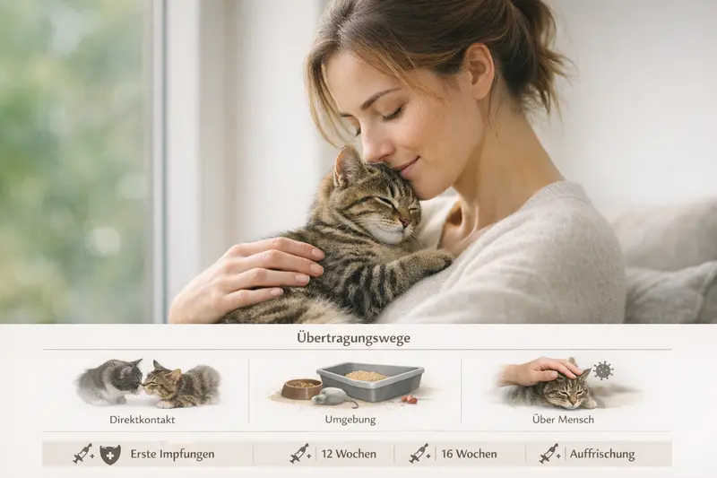 Infografik über Übertragungswege von Krankheiten bei Katzen sowie den Impfplan für 8, 12 und 16 Wochen.