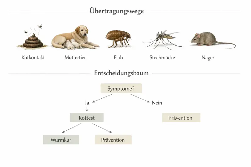 Infografik zu den Übertragungswegen von Würmern bei Hunden, einschließlich Kotkontakt und Flohbefall.