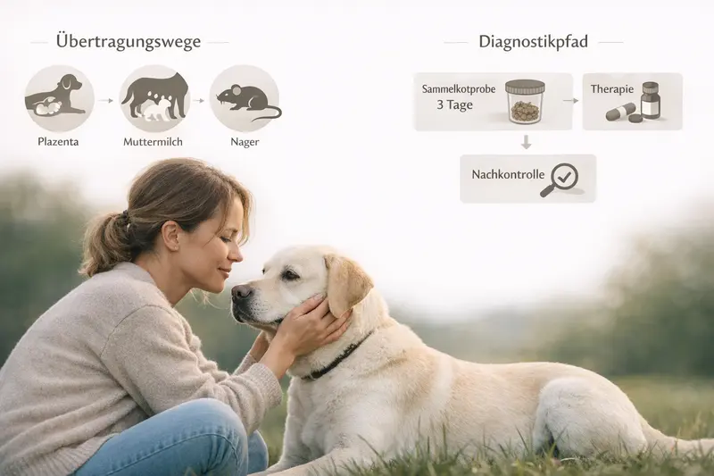 Infografik über Übertragungswege von Krankheiten bei Hunden und den Diagnostikpfad zur schnellen Behandlung.