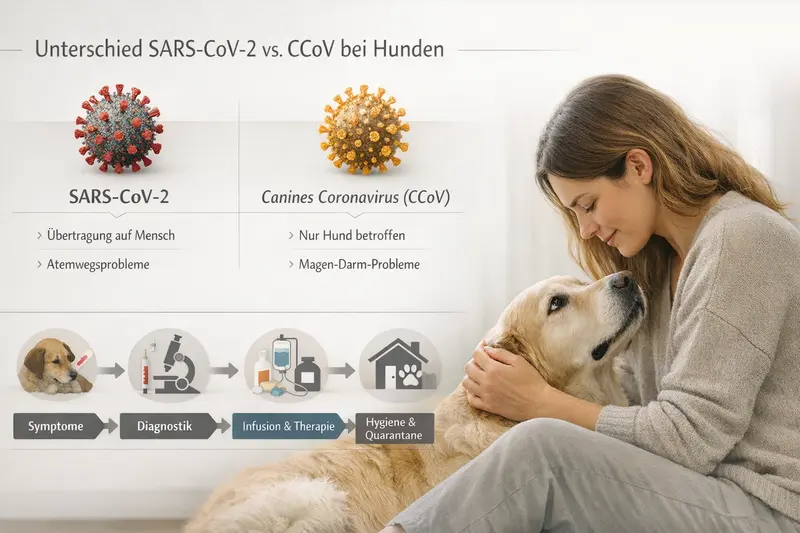 Infografik zeigt den Unterschied zwischen SARS-CoV-2 und CCoV bei Hunden sowie eine Übersicht zu Symptomen, Diagnostik, Therapie und Quarantäne.