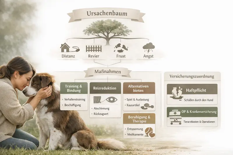 Ursachenbaum für Hundeverhalten mit Distanz, Revier, Frust und Angst sowie passenden Maßnahmen und Versicherungszuordnungen.