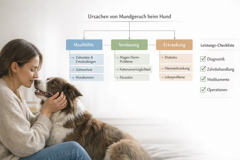 Infografik zu den Ursachen von Mundgeruch bei Hunden, inklusive Leistungscheckliste für Tierarztbesuche.