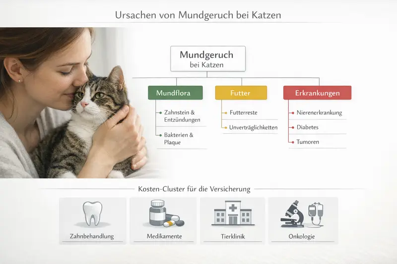 Infografik zeigt Ursachen für Mundgeruch bei Katzen sowie zu erwartende Behandlungskosten.