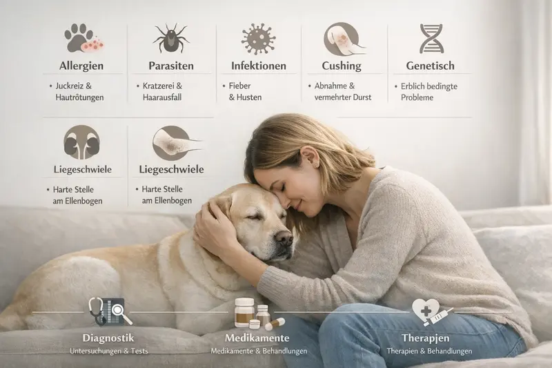 Infografik zu Ursachen für Hundegesundheitsprobleme mit allergischen Reaktionen und genetischen Einflüssen.