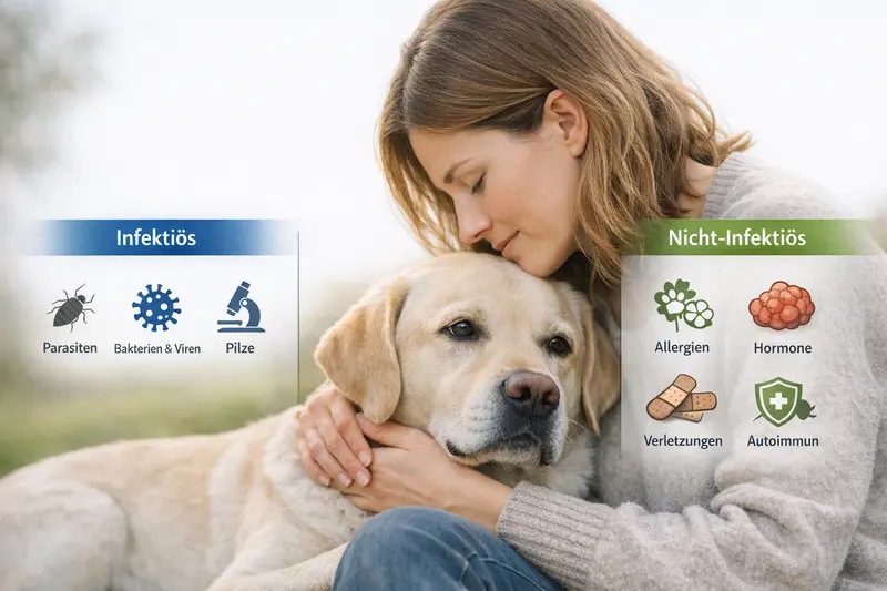 Eine Infografik zeigt die Ursachen von Krankheiten bei Hunden, unterteilt in infektiöse und nicht-infektiöse Kategorien.
