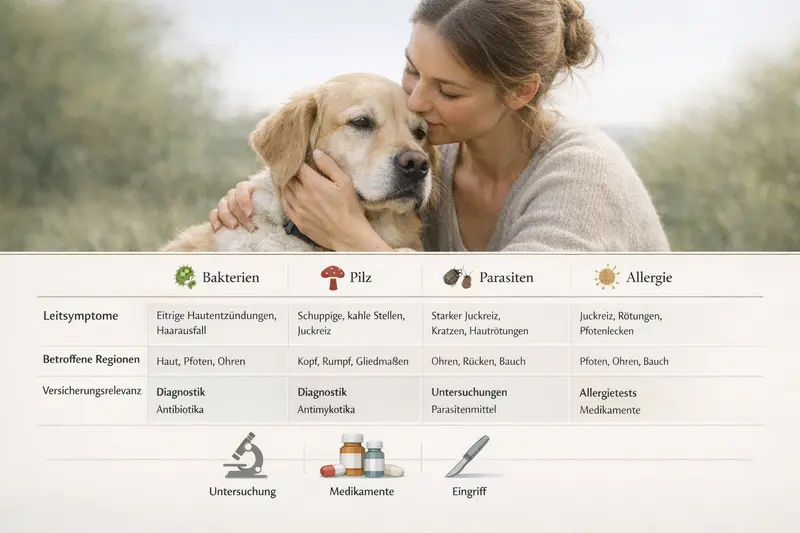 Infografik über die Ursachen von Hundeerkrankungen wie Bakterien, Pilze, Parasiten und Allergien mit Leitsymptomen.