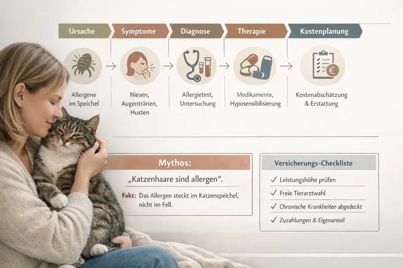 Infografik zu Katzenkrankheiten mit Ursachen, Symptomen, Diagnosen und Therapien sowie einer Mythenbox.
