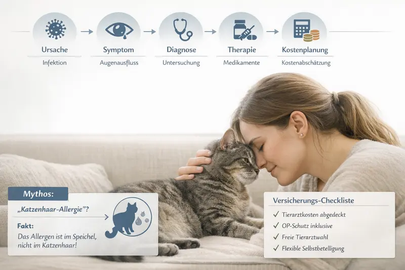 Infografik zur Katzen-Gesundheit: Ursache-Symptom-Diagnose-Therapie-Kostenplanung einschließlich Mythenbox zu Speichelallergenen.