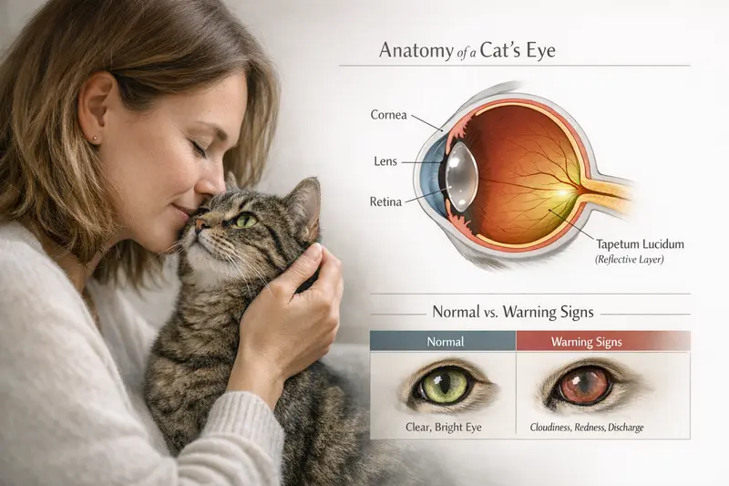Eine Infografik zeigt den vereinfachten Aufbau des Katzenauges mit den Bereichen Cornea, Linse, Retina und Tapetum lucidum sowie einem Hinweis auf normale und warnende Augenanzeichen.