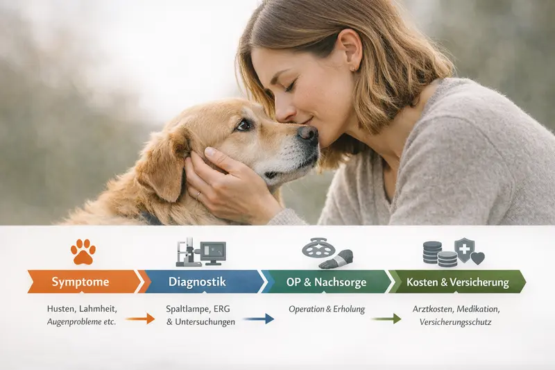 Infografik zeigt den Entscheidungsweg bei Hundekrankheiten von Symptomen über Diagnostik bis zu OP und Kosten