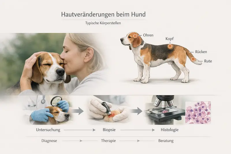 Infografik zur Diagnose und typischen Körperstellen von Hunden, einschließlich Kopf, Ohren, Rücken und Rute.