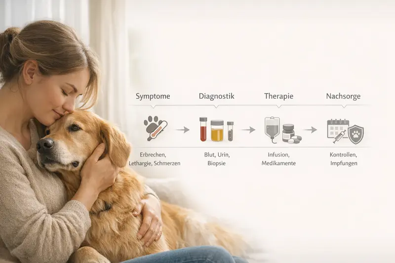 Infografik über den Verlauf und Versorgungspfad bei Hundegesundheit, von Symptomen über Diagnostik bis Nachsorge.