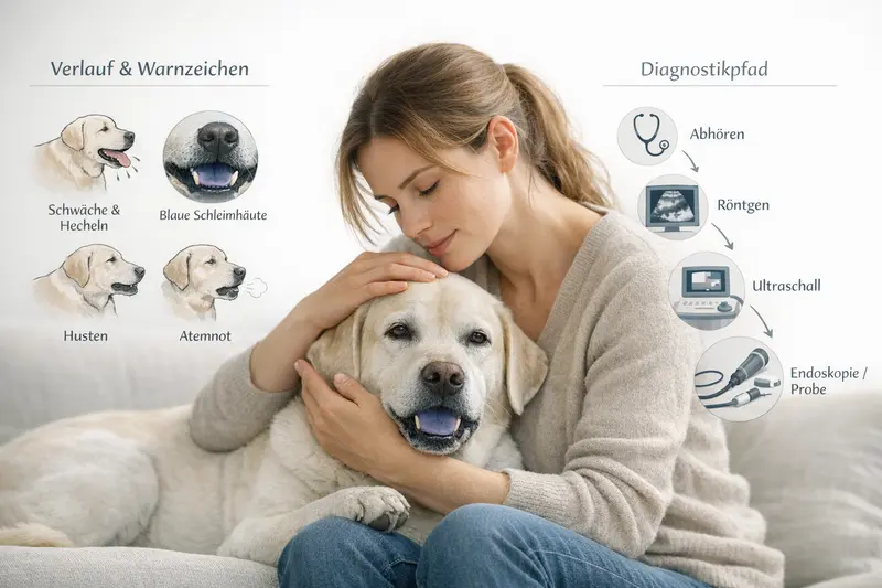 Infografik, die die Symptome und Warnzeichen bei Hunden zeigt sowie den Diagnostikpfad für Tierärzte.