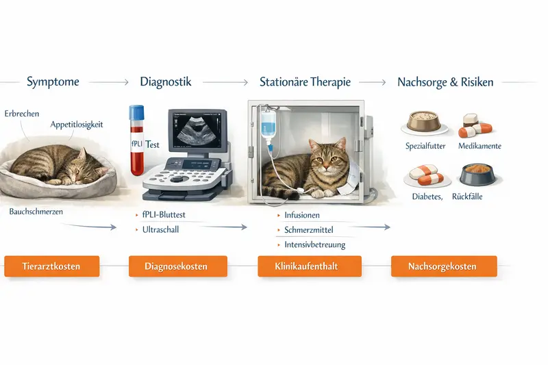 Infografik zur Pankreatitis bei Katzen mit Symptomen, Diagnostik und Therapieschritten.