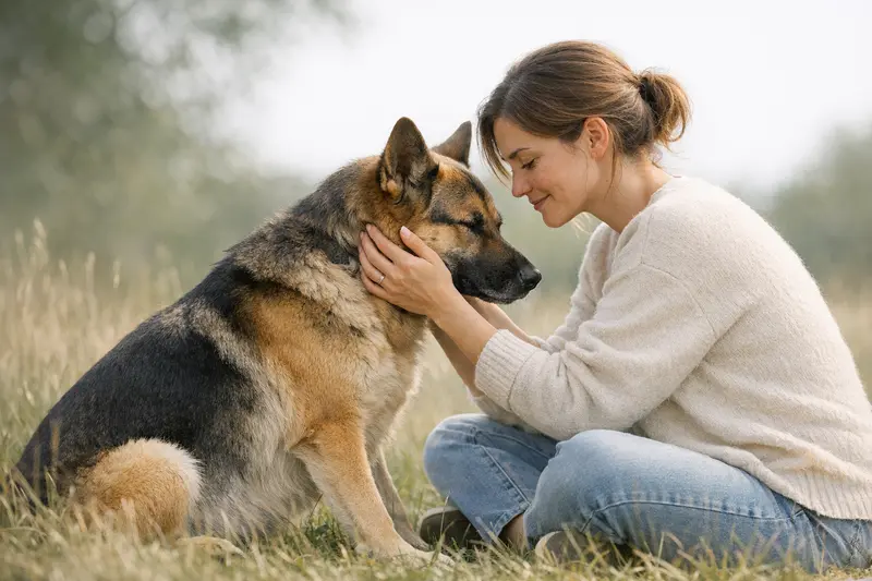 Infografik zu den vier Phasen der Läufigkeit bei Hunden mit typischen Anzeichen wie Blutung und Deckbereitschaft.